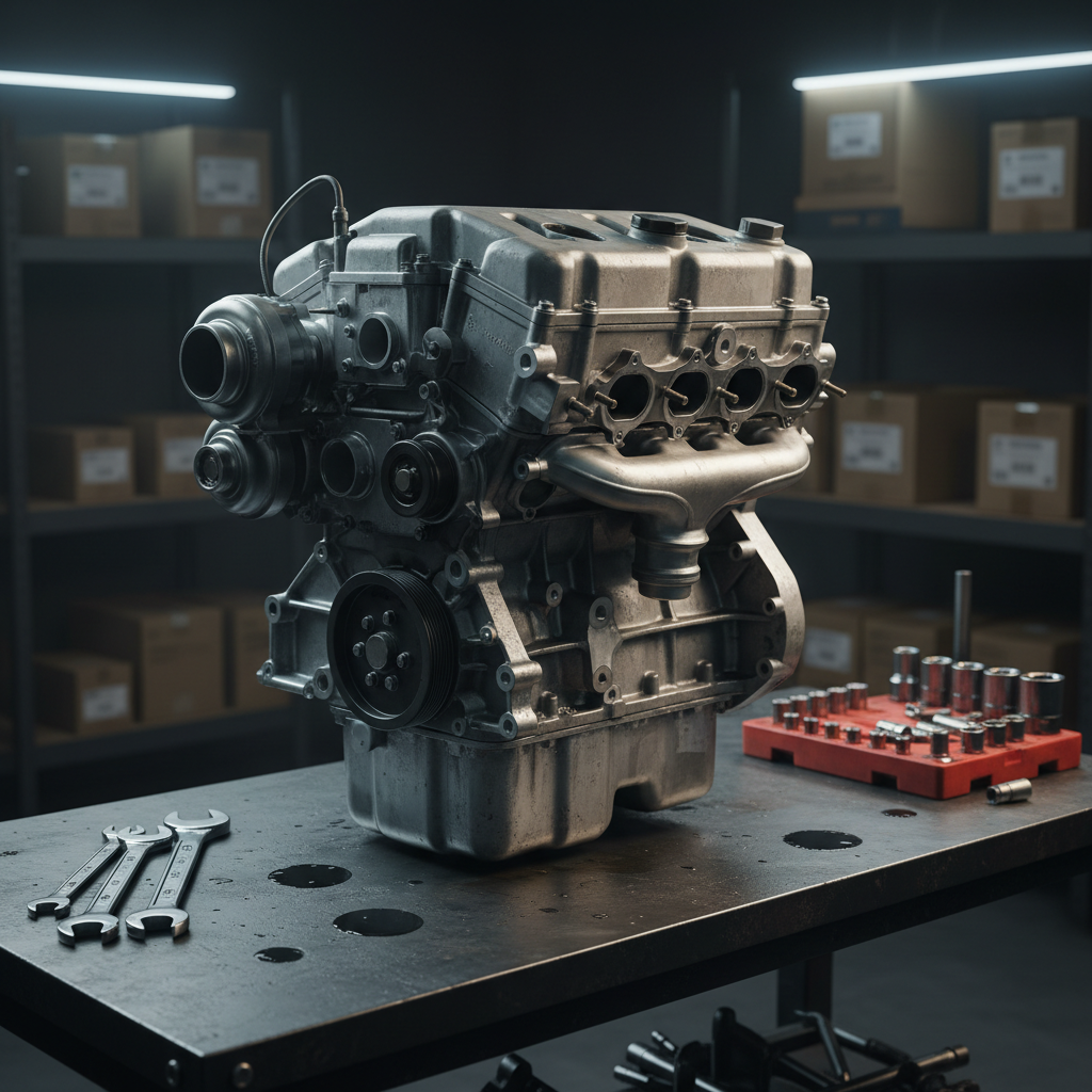 A close-up, highly detailed view of a used V6 engine on a sturdy black workbench, its aluminum block and steel components carefully cleaned yet still showing honest, subtle wear that proves authenticity. Small oil stains on the bench and neatly arranged wrenches and sockets nearby convey real-world mechanic use. Overhead soft LED shop lights create controlled highlights along the metallic edges and gentle shadows in the engine’s crevices. The background is a dark, slightly blurred garage interior with shelves of boxed auto parts. Photographic realism, captured from a slightly elevated angle with shallow depth of field, producing a bold, focused, trustworthy mood suitable for a serious auto parts business.