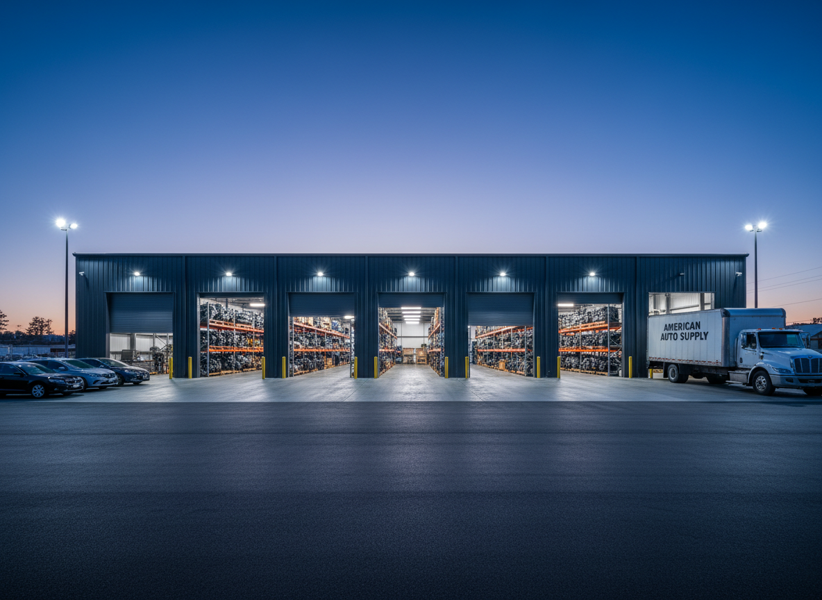 A cinematic, dusk-lit exterior shot of a modern, low-profile auto parts warehouse with a dark gray facade and large roll-up doors partially open, revealing rows of racked engines and transmissions inside. A few parked cars and a flatbed delivery truck sit in the foreground on clean asphalt. The sky is deep blue with the last hint of evening light, while cool white security and interior lights spill outward, creating dramatic reflections on metal surfaces. Photographic realism, captured from a slightly low, wide-angle perspective to emphasize stability and scale. The mood is bold, dependable, and slightly mysterious, aligning with a dark, confident brand personality while clearly presenting a trusted, US-based auto parts supplier.
