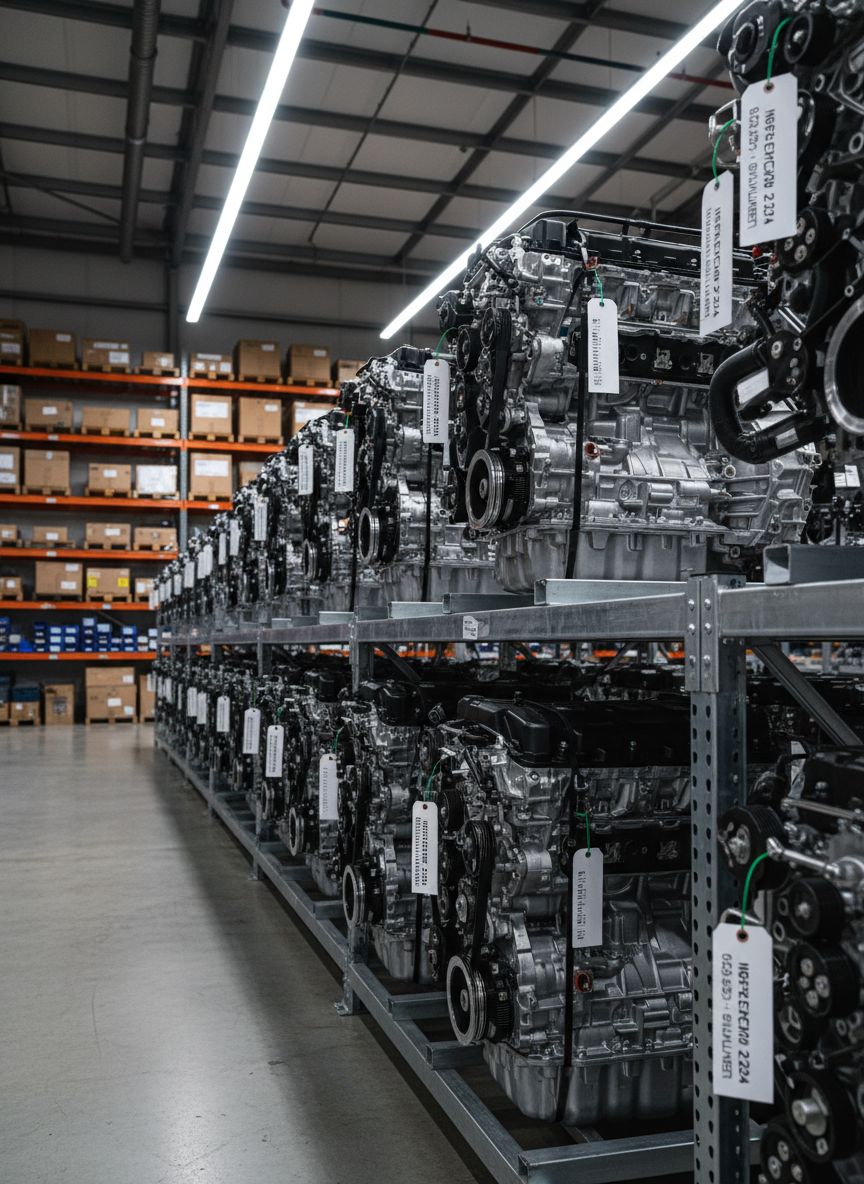 A meticulously organized row of used but pristine car engines and transmissions, each unit cleaned and tagged, resting on heavy-duty metal racks in a spacious warehouse. The steel components gleam with subtle reflections, hoses and wiring neatly bundled to show care and authenticity. Overhead industrial lighting creates focused pools of cool white light, casting crisp shadows on the smooth concrete floor. The background fades into darker shelving filled with labeled auto parts, slightly out of focus. Photographic realism, shot at eye level with a wide-angle lens, capturing depth and scale. The mood is professional, trustworthy, and slightly dramatic, emphasizing quality, order, and a dependable US supplier environment.