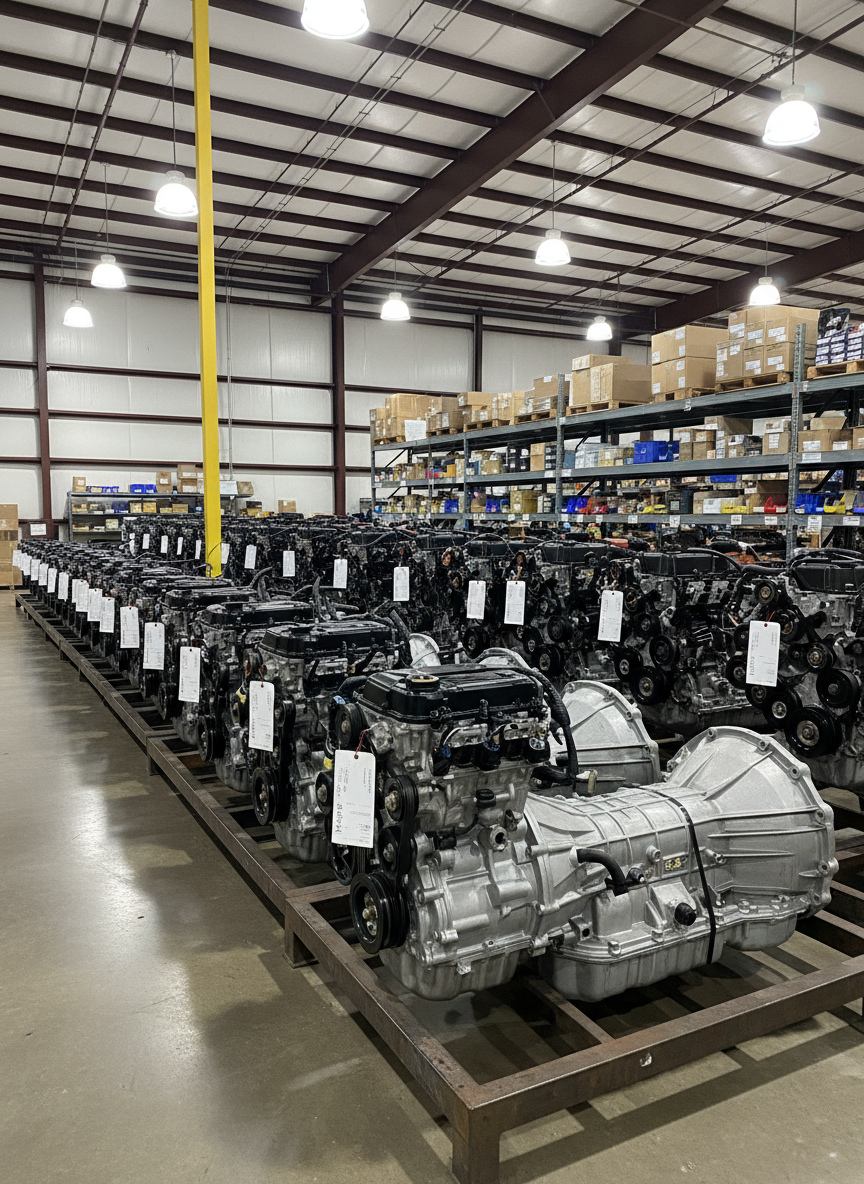 A meticulously organized row of used but pristine car engines and transmissions, each unit cleaned and tagged, resting on heavy-duty metal racks in a spacious warehouse. The steel components gleam with subtle reflections, hoses and wiring neatly bundled to show care and authenticity. Overhead industrial lighting creates focused pools of cool white light, casting crisp shadows on the smooth concrete floor. The background fades into darker shelving filled with labeled auto parts, slightly out of focus. Photographic realism, shot at eye level with a wide-angle lens, capturing depth and scale. The mood is professional, trustworthy, and slightly dramatic, emphasizing quality, order, and a dependable US supplier environment.