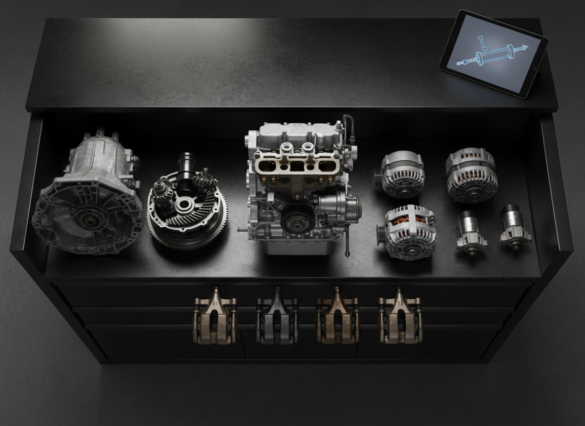 An overhead, photographic view of a dark, heavy-duty parts counter with a carefully arranged spread of key used auto components: a compact engine, a transmission, alternators, starters, and brake calipers, each unit cleaned and clearly distinct in form and texture. The countertop’s matte surface contrasts with the subtle sheen of the metal parts. A tablet displaying a simplified parts diagram glows faintly at the edge of the frame, hinting at online quotes without showing readable text. Soft, directional studio lighting from the upper left creates dimensional highlights and controlled shadows, adding depth. The mood is modern, serious, and efficient, with a dark, minimal aesthetic that communicates organization, clarity, and professional reliability.