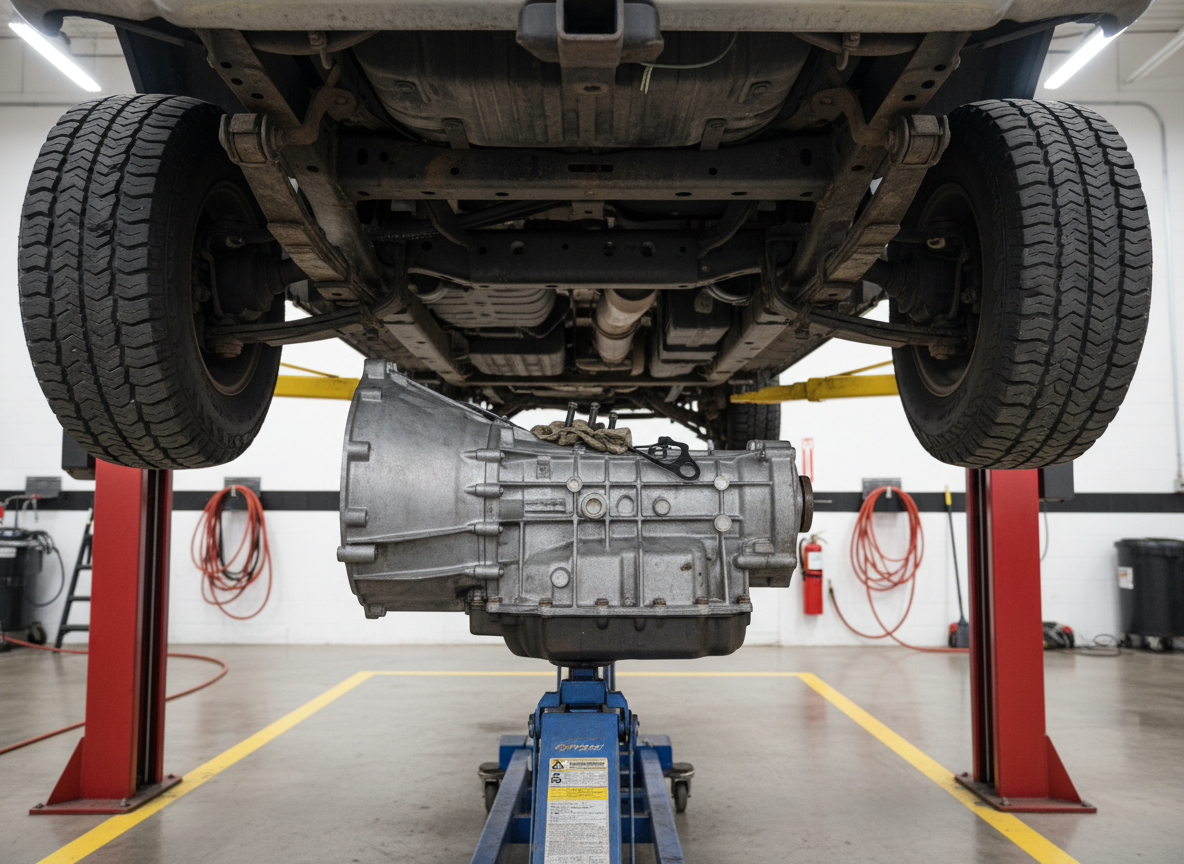 A rugged full-size pickup truck elevated on a hydraulic lift inside a professional service bay, with a used transmission on a heavy-duty rolling jack positioned directly beneath, ready for installation. The transmission housing shows clean, brushed metal with minor scuffs that feel genuine and reliable. The floor is spotless, with painted safety lines and neatly coiled air hoses along the walls. Bright but diffused workshop lighting eliminates harsh glare, creating even illumination and soft shadows. Photographic realism, framed in rule-of-thirds from a low angle, emphasizing the undercarriage and transmission. The atmosphere is technical, confident, and no-nonsense, evoking skilled installation of quality used parts and dependable service support.