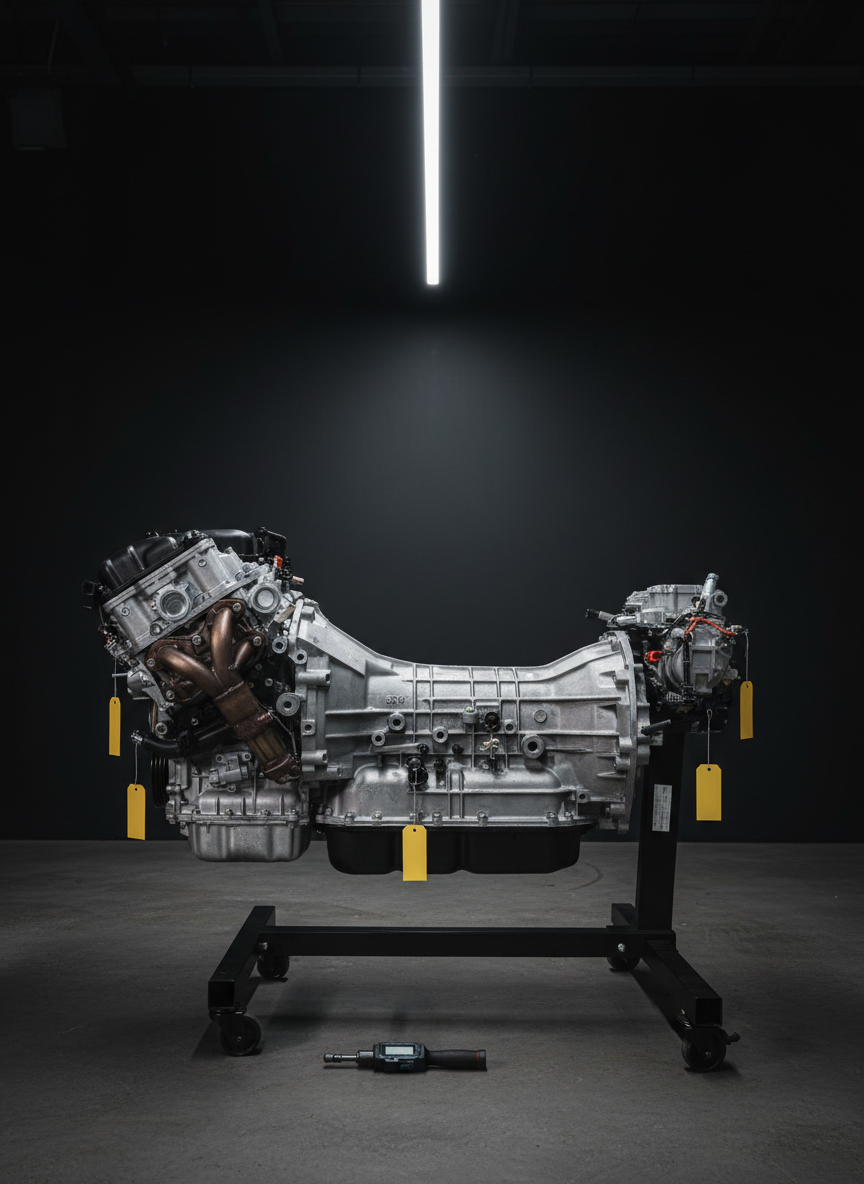 A detailed, side-on photographic view of a powertrain assembly—engine and transmission bolted together—secured on a wheeled engine stand in a clean, dark-toned inspection bay. The unit is illuminated by a narrow overhead light strip, creating a focused beam that highlights the intricate castings, bolts, and connection points, while the surrounding floor and walls fall into a soft vignette of shadow. Yellow inspection tags and a digital torque wrench resting nearby suggest recent quality checks without any text. Shot at mid-height with a medium focal length for minimal distortion, the composition is centered and symmetrical. The atmosphere is precise, technical, and methodical, reinforcing themes of careful testing, authenticity, and dependable performance for used auto parts buyers.